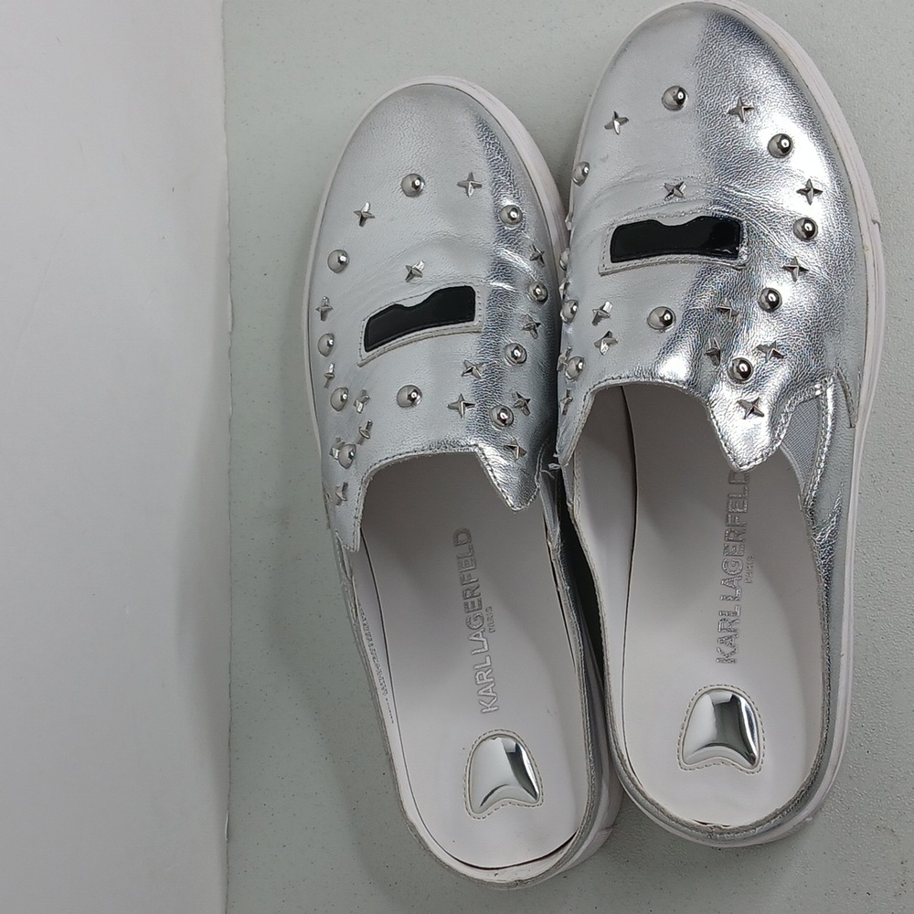 Karl Lagerfeld- Paris - Eisley - Silver Leather & Stud Slip-On Sneakers - 8.5M - Picture 4 of 12